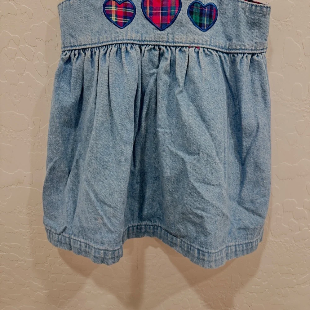 Vintage OshKosh B'gosh Blue Denim Overall Dress Gorls 3T Plaid Hearts Cotton